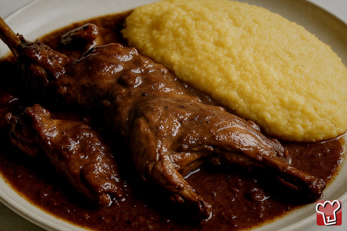 Kaninchen in Salmì mit Polenta