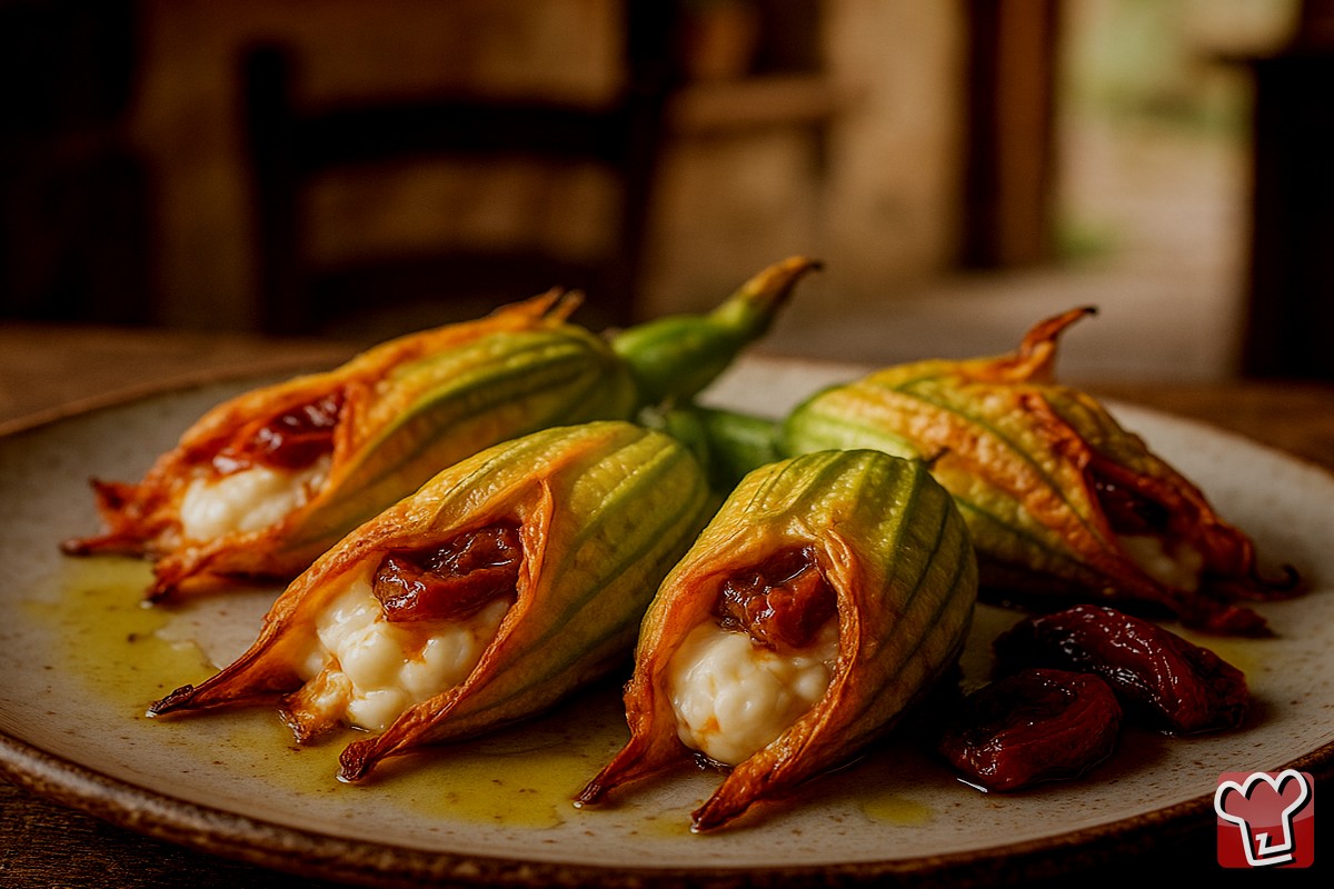 Zucchiniblüten mit Burrata und getrockneten Tomaten
