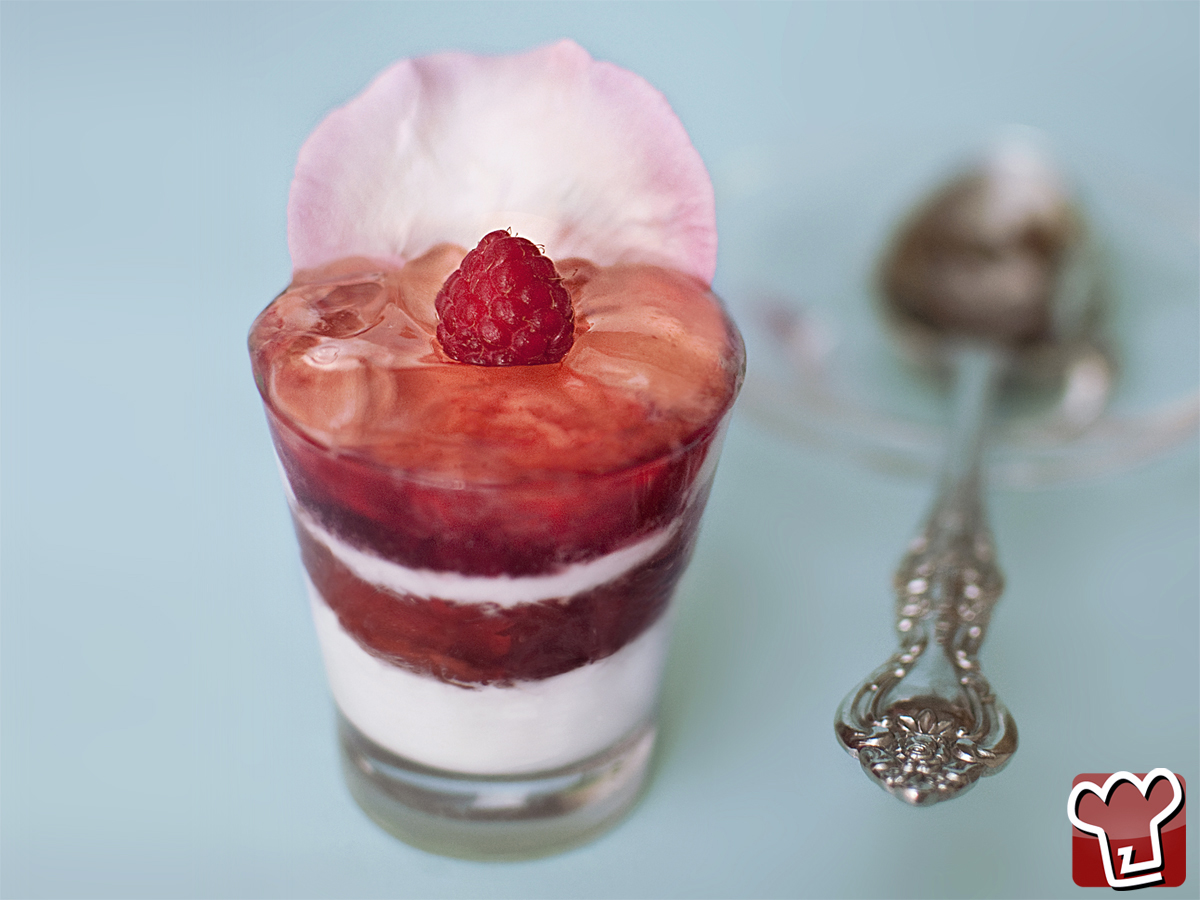 Yoghurt mousse with rose petal jam, lychee and raspberry coulis is a